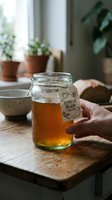 Hand holding glass jar of golden kombucha tea on wooden table in bright kitchen with plants creating cozy homemade fermented drink atmosphere.
