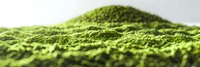 Vibrant green matcha tea powder close-up with textured surface showing fine particles and natural contours against white background.
