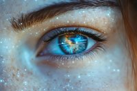 Magical blue eye with glowing digital elements and sparkles reflecting futuristic technology concept, close up view with ethereal lighting effects and cosmic details.