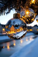 Magical winter scene reflected in glass Christmas ornament hanging from pine branch, with cozy illuminated houses and snowy landscape captured in sphere's surface.