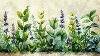 Watercolor garden border with blue lupines and green foliage on light background, botanical illustration for nature-inspired designs and decorative projects.