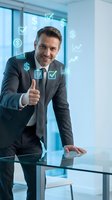 Confident businessman giving thumbs up with digital financial icons overlay in modern office environment for business success and growth concepts.
