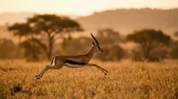 Graceful antelope leaping through golden savanna grassland at sunset with acacia trees and mountains in background creating warm African wildlife scene.