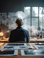 Man working at desk with digital brain hologram overlay representing artificial intelligence, machine learning and cognitive technology in modern office.