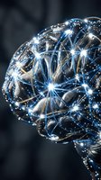 Glowing brain with neural network connections and bright light nodes representing artificial intelligence, machine learning and cognitive processes.