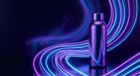 Metallic purple cosmetic bottle surrounded by flowing neon light trails on dark background for luxury skincare and beauty product advertising.