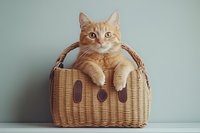Ginger tabby cat sitting in woven wicker basket against neutral background, studio shot for pet, animal, and lifestyle design projects.