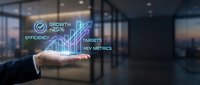 Businessman hand presenting holographic business analytics dashboard with growth charts and key performance indicators in modern office environment.