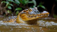 Close-up portrait of wild caiman crocodile head emerging from brown murky water, showing detailed scales, teeth and eye in natural habitat with blurred background.