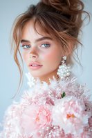 Young woman with blue eyes and messy updo hairstyle wearing pearl earrings poses with pink peonies and delicate flowers against light background. Romantic spring portrait.