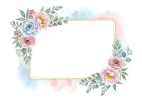 Floral frame with roses, peonies, and eucalyptus leaves on white background. Gold rectangular border with watercolor accents in pink and blue. Isolated design element for invitations, cards, and digital projects.