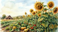 Watercolor sunflower field with rustic barn and vegetable garden featuring tomatoes and squash in pastoral countryside landscape for agricultural themed designs.