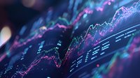 Young male trader analyzing stock market charts with rising trend lines in neon pink and blue colors on digital display for financial investment and trading concepts.