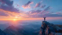Silhouette of person with arms raised on mountain peak at sunrise, overlooking misty valley with colorful sky and dramatic clouds.