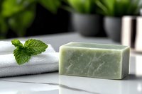 Natural green soap bar with fresh mint leaves on white towel for organic skincare and spa treatments.