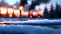 Dramatic winter sunset with snow covered surface in foreground and blurred bokeh lights creating magical evening atmosphere. Frosty close up nature photography.