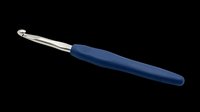 Crochet hook with navy blue ergonomic handle and metal shaft, isolated on transparent background. Ready for crafting tutorials, product design, and print-on-demand merchandise.