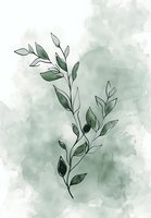 Delicate watercolor botanical branch with green leaves on soft sage background, minimalist nature illustration for wall art, cards and home decor.