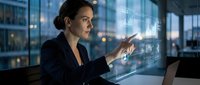 Professional businesswoman interacting with futuristic holographic interface in modern office environment for technology and innovation concepts.