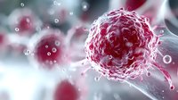 Cancer cell in microscopic view with detailed surface structure and surrounding particles in red and gray tones, medical research visualization for healthcare and science.