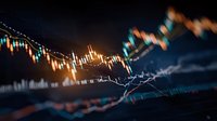 Financial market data visualization with glowing candlestick charts and trading indicators on dark background for investment analysis and trading platforms.