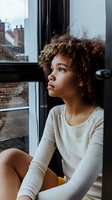 Young African American woman with natural curly hair gazing thoughtfully through window on rainy day, wearing casual cream sweater, conveying contemplation and serenity.
