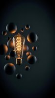 Vintage Edison bulb with glowing filament surrounded by floating spheres on dark background, suitable for innovation and creativity concepts.