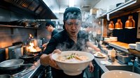 Asian male chef in professional kitchen holding steaming bowl of noodles, surrounded by cooking equipment and flames, suitable for restaurant marketing and culinary content.