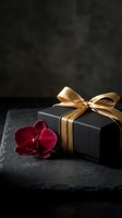 Luxury black gift box with gold satin ribbon bow and red orchid flower on dark stone surface, elegant holiday present concept.