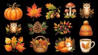 Autumn pumpkin, maple leaf, acorns, mushrooms, owl, pinecone, berries, fall leaves, basket, teacup isolated on transparent background. Ready for t-shirts, stickers, clipart, sublimation, print-on-demand designs.