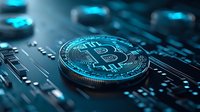 Glowing blue cryptocurrency coin on circuit board background with digital connections, symbolizing digital finance and blockchain technology.