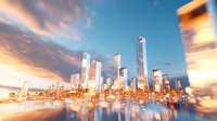 Modern cityscape with glass skyscrapers reflecting golden sunset light on water surface, dramatic sky with soft clouds creates dreamy urban panorama.