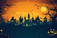 Spooky halloween night cityscape with medieval castle silhouette, glowing windows, jack o lanterns, flying bats and full moon creating an eerie atmosphere perfect for holiday designs.