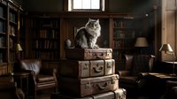 Fluffy gray cat sitting on vintage leather suitcases in cozy library study room with wooden bookshelves and warm lighting for home decor concepts.