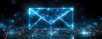 Glowing blue neon envelope icon with sparkles and light effects on dark background, digital communication concept for email marketing and messaging.