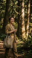 Happy middle-aged Caucasian woman in olive green outfit walking through forest with reusable coffee cup and tote bag, enjoying sustainable outdoor lifestyle.