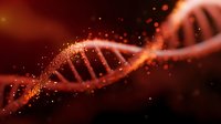 Glowing DNA helix structure in deep red and orange tones with sparkling particles and bokeh effects floating in dark space, representing genetic research and biotechnology.
