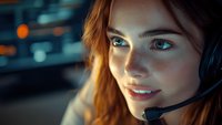 Young female customer service representative with headset smiling during night shift, illuminated by warm evening light against blurred urban background.