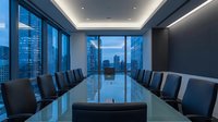 Modern corporate boardroom with glass conference table and city skyline view through floor-to-ceiling windows at dusk for business meetings.