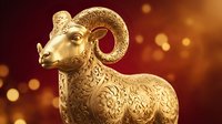 Golden ram sculpture with ornate decorative patterns against warm bokeh background, suitable for luxury branding, wealth symbolism, and festive design projects.