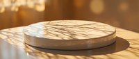 Wooden round platform with natural light casting striped shadows, suitable for product display, mockups, and commercial photography.