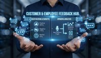 Business professional presenting customer employee feedback hub interface with digital icons charts and rating systems for corporate communication strategy.