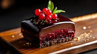 Decadent chocolate cake slice with glossy ganache, fresh red currants and gold flakes on wooden board for gourmet dessert presentation and culinary art.