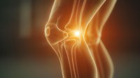 Glowing anatomical view of human knee joint showing bones and cartilage on dark background, medical visualization for orthopedics and rheumatology concepts.