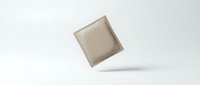 Minimalist beige square cube floating on clean white background with soft shadow for modern design projects and presentations.