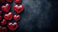 Red crystal hearts scattered on dark textured background with copy space. Romantic Valentine's day concept for greeting cards and love declarations.
