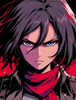 Dramatic anime character portrait with intense blue eyes, black messy hair, and red scarf against dark background. Strong emotional expression conveys determination and mystery.