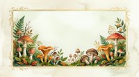 Watercolor forest mushrooms and ferns border frame with copy space, vintage botanical style on aged paper background for cards and invitations.