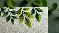 Watercolor green leaves on textured paper, botanical illustration with delicate branches and foliage creating natural organic design for stationery, invitations, or nature-themed projects.