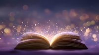 Magical open book with glowing light and sparkling particles rising against purple twilight sky with bokeh lights, creating mystical atmosphere.